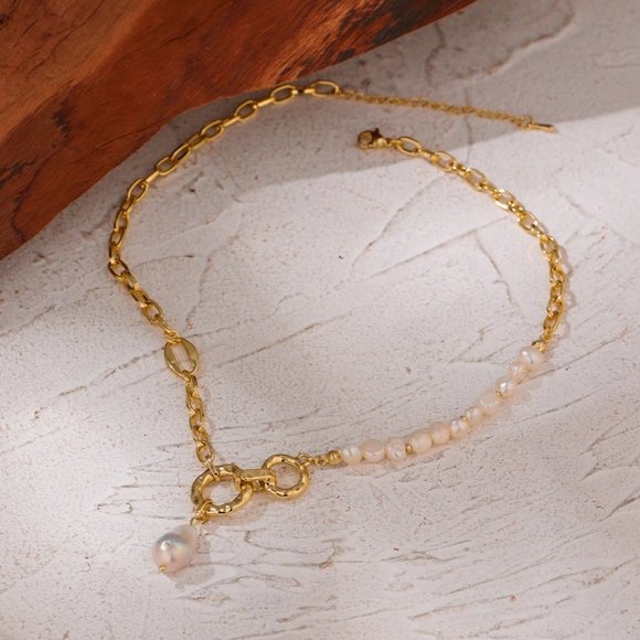 NEW 18K Gold Plated Natural Pearl Circle Link Chain Necklace - Picture 4 of 7